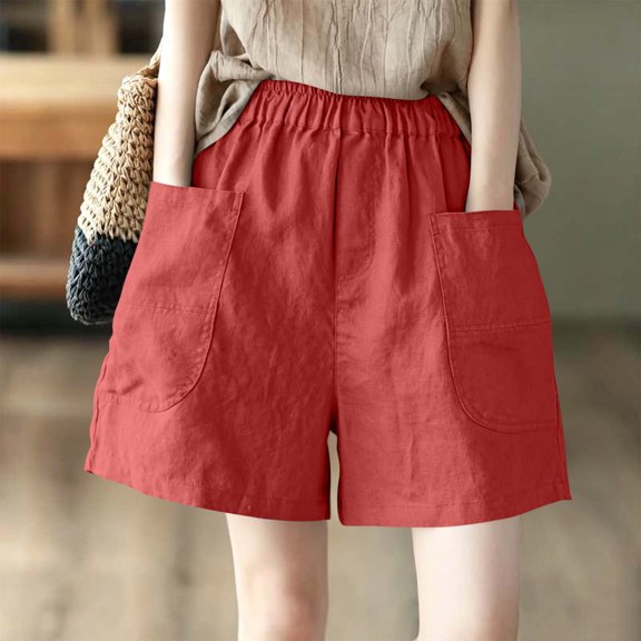 IUYRTFE Women's High Waist Loose Fit Summer Shorts with Pockets Elastic Waist Casual Straight Leg Bottoms