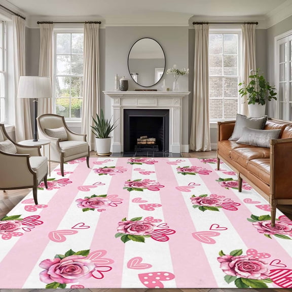 8x10 Area Rugs for Living Room, Pink Roses Non Slip Area Rugs for Kitchen Bedroom Entryway, Valentine's Day Love Floral Stripes Romantic Washable Carpet Runner Rug Floor Mats for Bedroom Home Decor