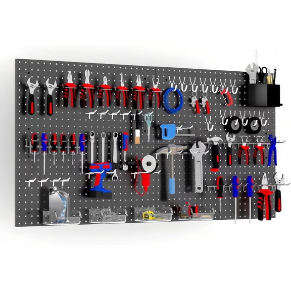 Peg Board Wall Organizer, 24"x48" Black Metal Pegboard Organizer, 4 Metal Pegboard Panels with 63 Accessories, Wall Mount Large Peg Board Kit with Hooks, Bins for Home, Office, Garage, Gaming