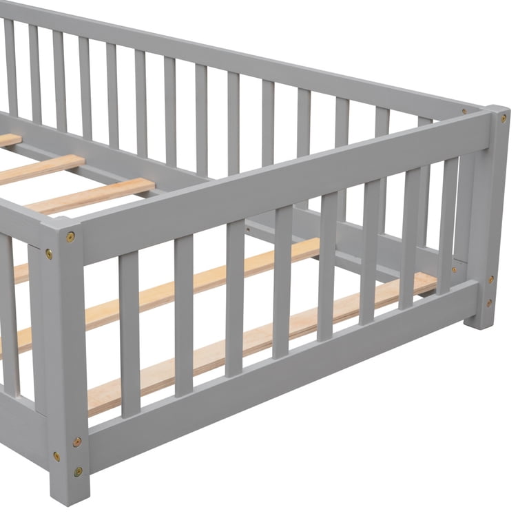 Twin Size Wooden Floor Bed Frame With Safety Rails - Low Profile Platform Bed, No Box Spring Needed