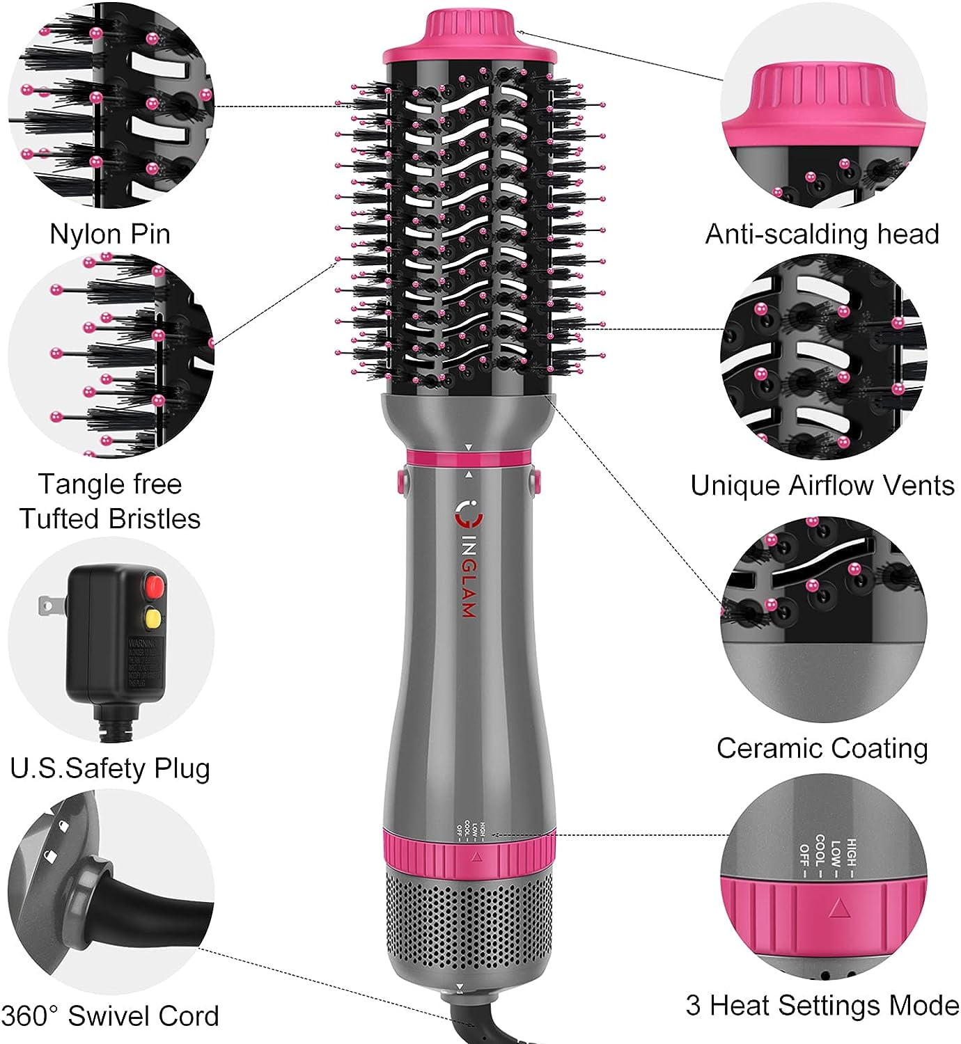 IG INGLAM Hair Dryer Brush Set, 4-in-1 Detachable Blow Out Brush Dryer with Tool Set for Straightening/ Drying/ Curling/ Styling, Gray