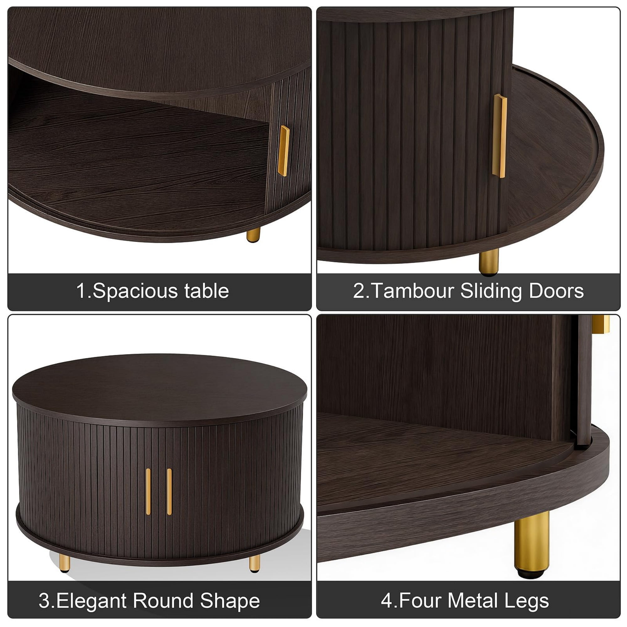 31.5" Round Coffee Table, Mid Century Modern Fluted Coffee Table with 360° Sliding Tambour Door & Storage, Coffee