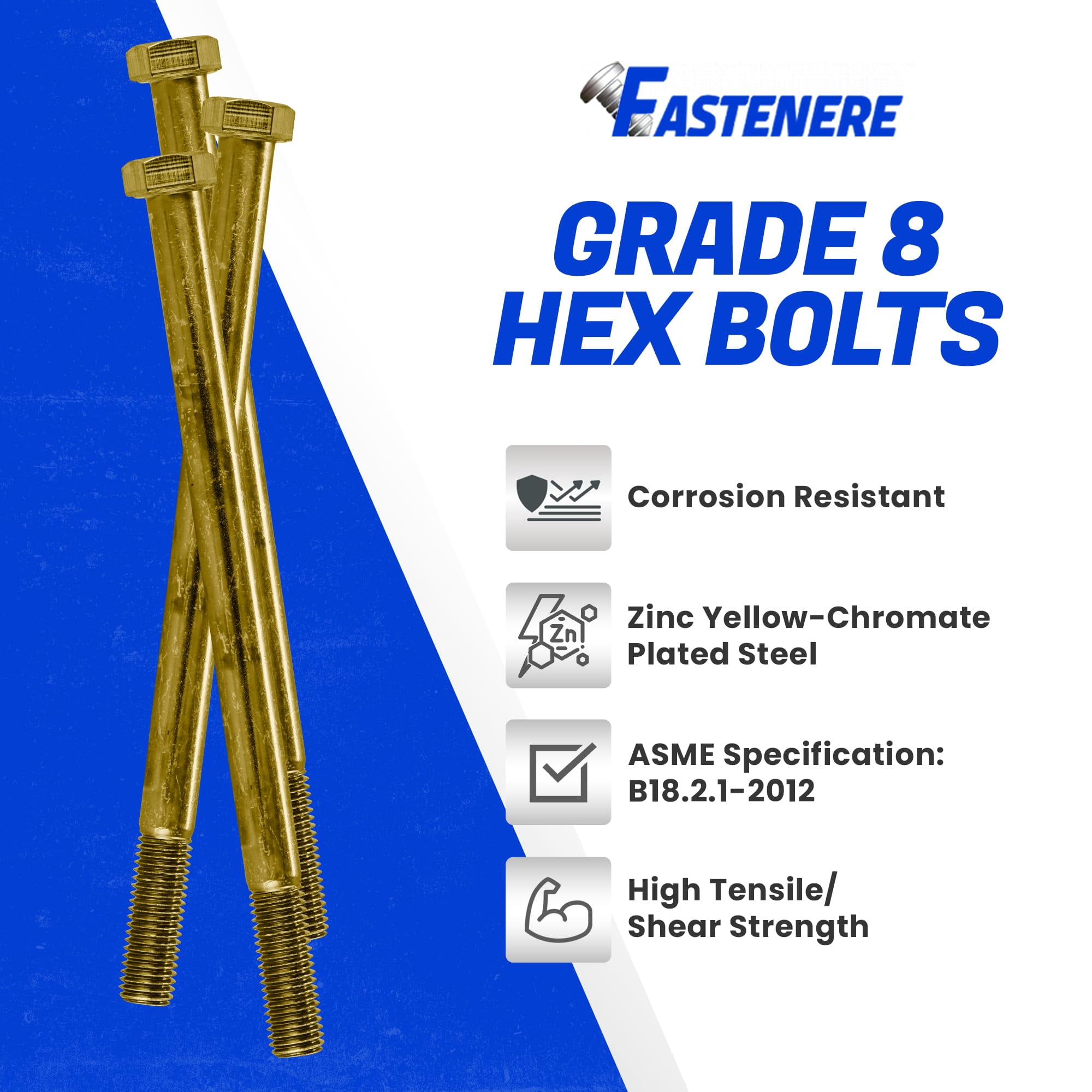 Fastenere 7/16"-14 x 6" Hex Bolts Grade 8 Zinc Yellow-Chromate Plated Steel, Partial Threaded Durable Hex Bolts for Machinery & Construction, Rust-Resistant, Heavy-Duty Fasteners, Pack of 5