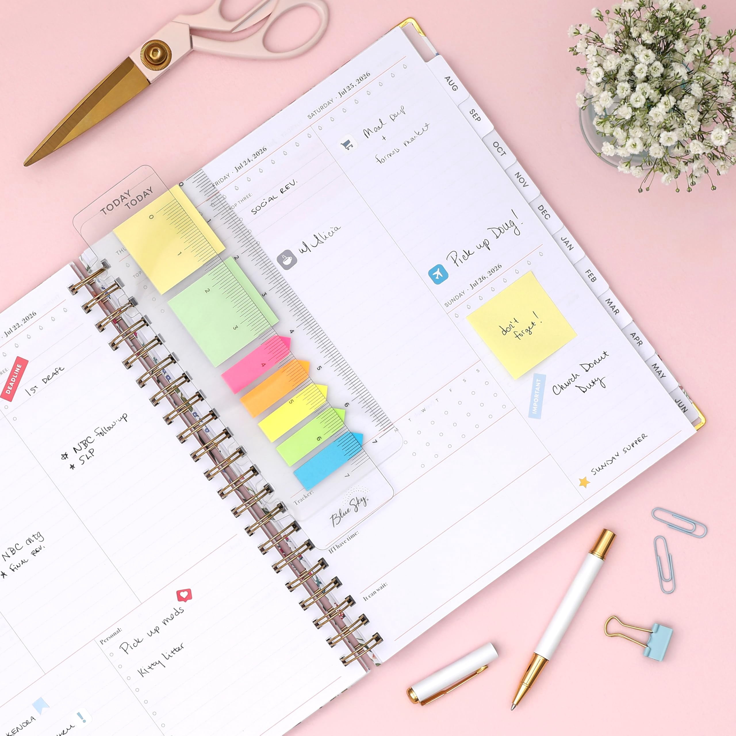 Blue Sky 15 Month 2026-2027 Weekly and Monthly Academic Year Planner Calendar, April 2026 - June 2027, 8.5" x 11", Storage Pocket, Snap-in Ruler w/Sticky Notes & Sticker Sheet, Londonberry White