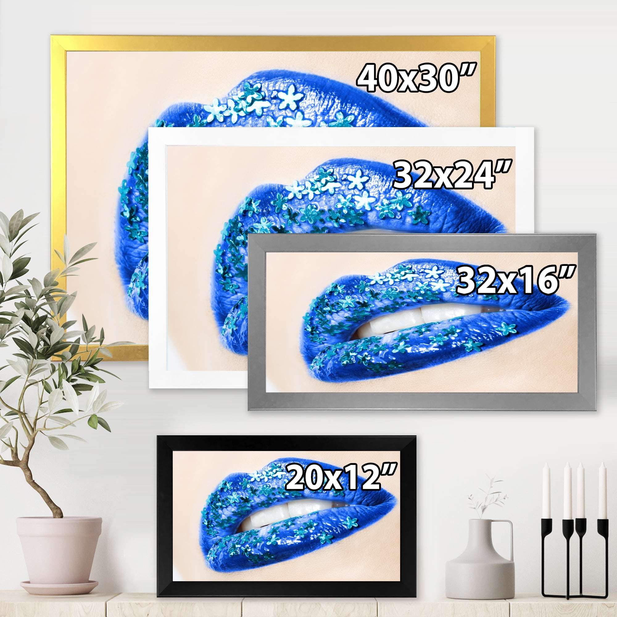 Designart 'Beautiful Woman Lips Blue With Flowers' Modern Framed Art Print