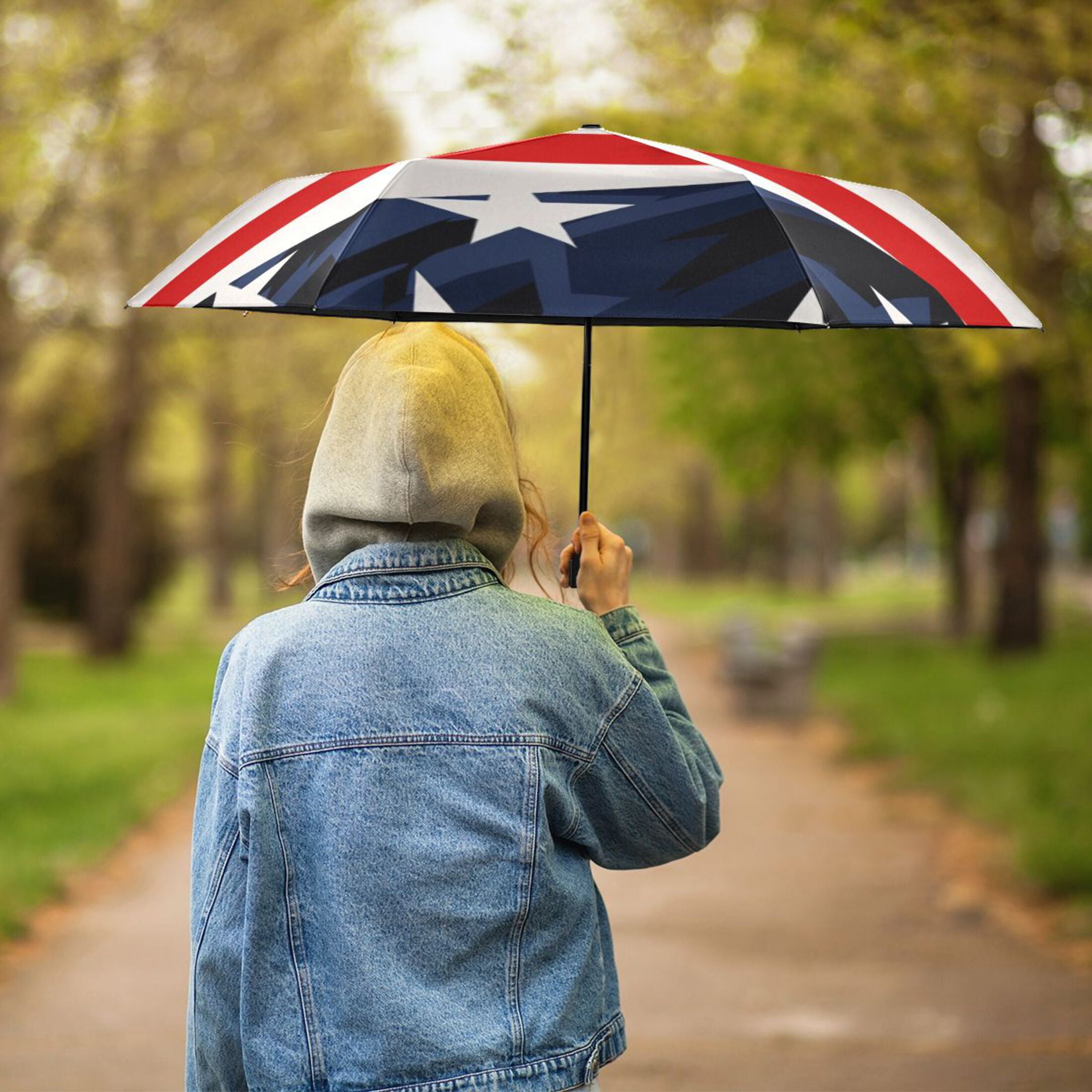 American Flag Star Compact Folding Umbrella for Rain Windproof Travel Umbrella UPF 50+ Lightweight Packable Arc Size