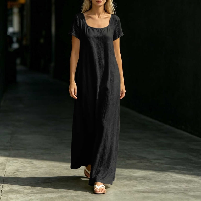 loose straight dress styles Lopecy-sta Maxi Dress for Women Solid Square Neck Short Sleeve Loose Light Airy Straight Cut Ideal for Coastal Getaways and Weekend Street Style,
