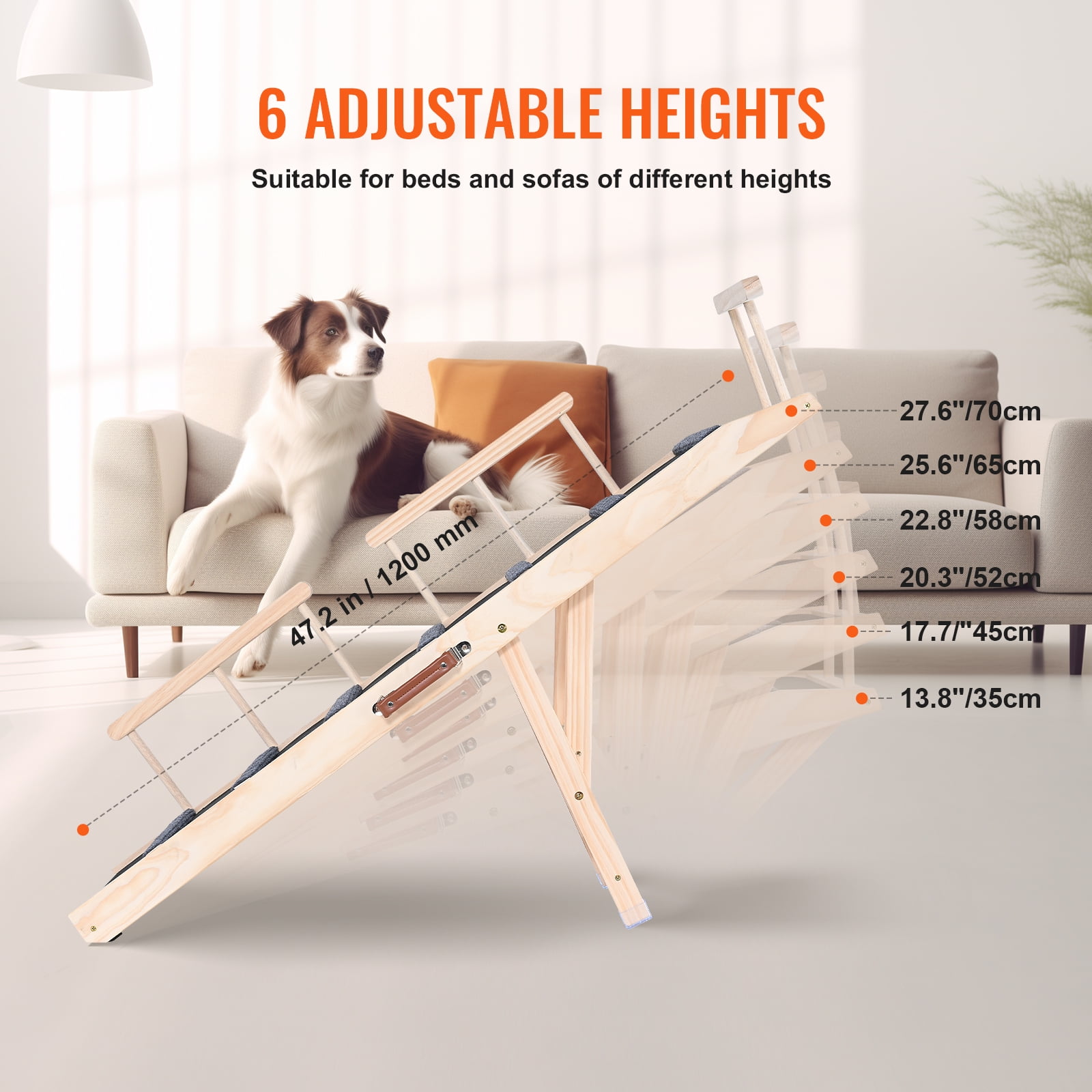 KFFKFF Pet Access Ramp, Foldable Ramp for Pets to Reach Beds, for Various Breeds & Ages, Durable Wood Construction, Extends 47.2", Height Adjusts 13.8"-27.6", Ideal for Furniture & Vehicles