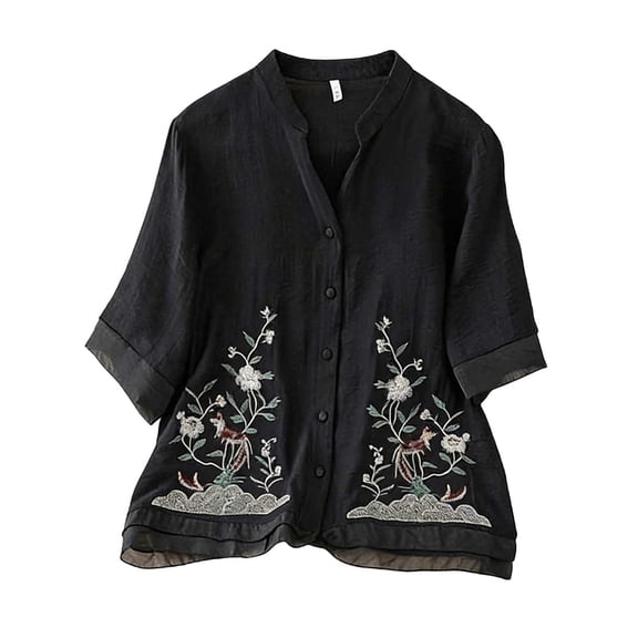 Women's Cotton Linen Shirts V Neck 3/4 Sleeve Summer Blouses Vintage Floral Embroidery T Shirts Chinese Style Casual Loose Tee Shirt Lightweight Floaty Tops Elegant Blouse Tunic Top
