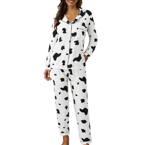 Cow Print Pajama Set for Women, Long Sleeve Button Down Sleepwear with Pants, Soft Casual Loungewear Set for All Seasons