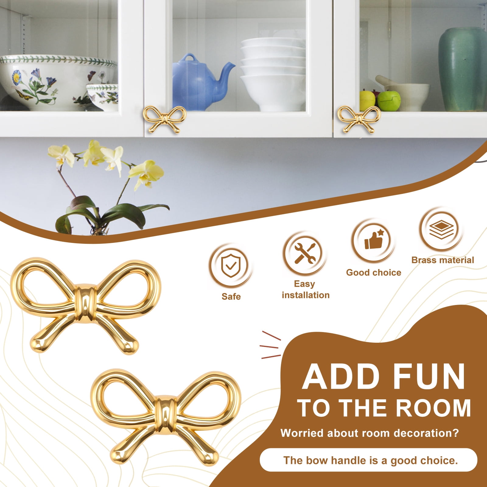 2/4/6 Pcs Bow Shape Drawer Knobs Gold Brass Cabinet Pulls with Screws Decorative Cupboard Handles for Dresser Wardrobe Drawer Cabinet