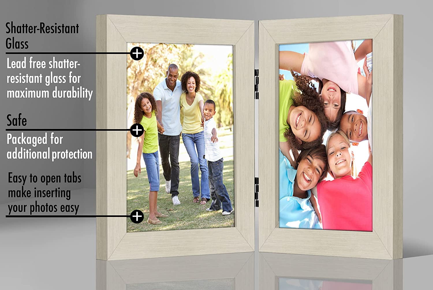 Americanflat 5x7 Hinged Picture Frame in Light Wood with Two Displays - Composite Wood with Polished Glass for Tabletop