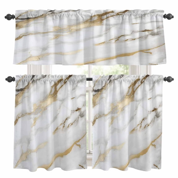 Modern White Gold Kitchen Curtains Sets for Windows 24 Inch Length, Abstract Marble Geometric Rod Pocket Window Treatments Tier Curtains and Valances Set for Bedroom/Bathroom
