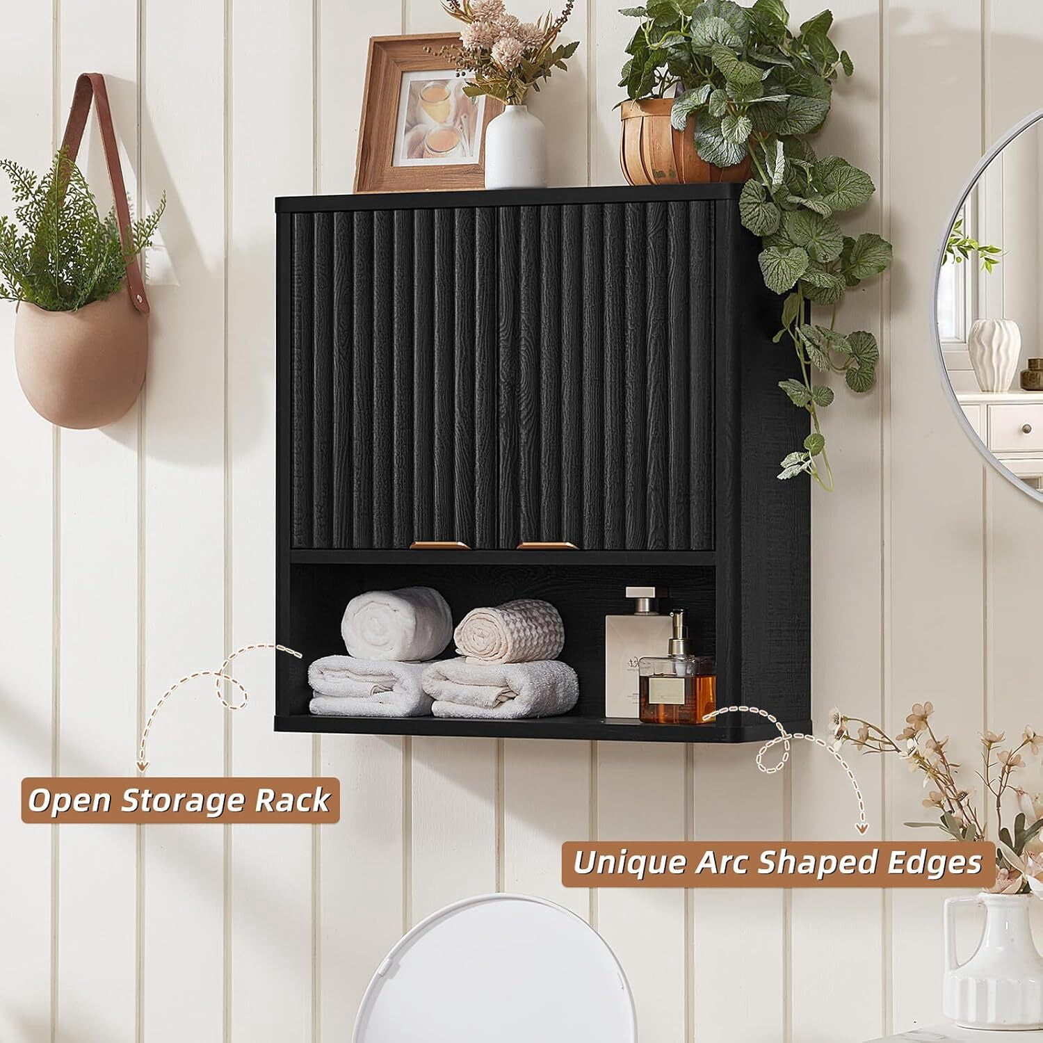 Leyaoyao Fluted Medicine Cabinet Storage Organizer Wall Mount with 2 Doors and Adjustable Shelves, Black
