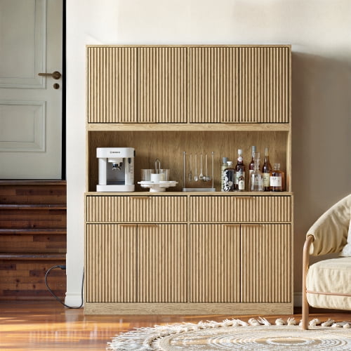 71" Tall Kitchen Pantry Cabinet with Power Outlet and Open Countertop, Modern Multi-Functional Storage Hutch Cabinet for Dining Room, Entryway and Living Room, Natural
