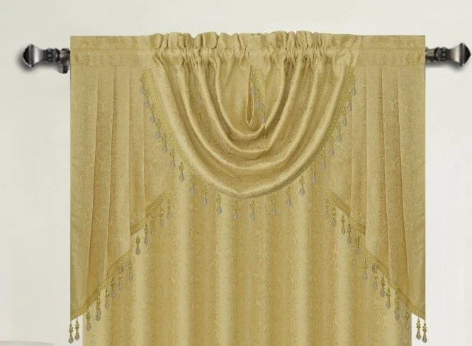 Angelina 7 Piece Damask Curtain Set with Beaded Austrian Valances and Swag, 84" Long, Gold
