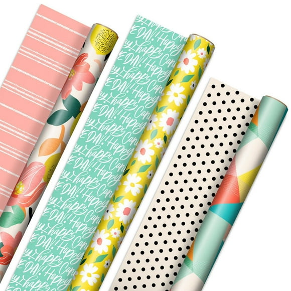 Hallmark Reversible Wrapping Paper (3 Rolls: 75 Sq. Ft. Ttl) Floral, Lemons, Bright Abstract