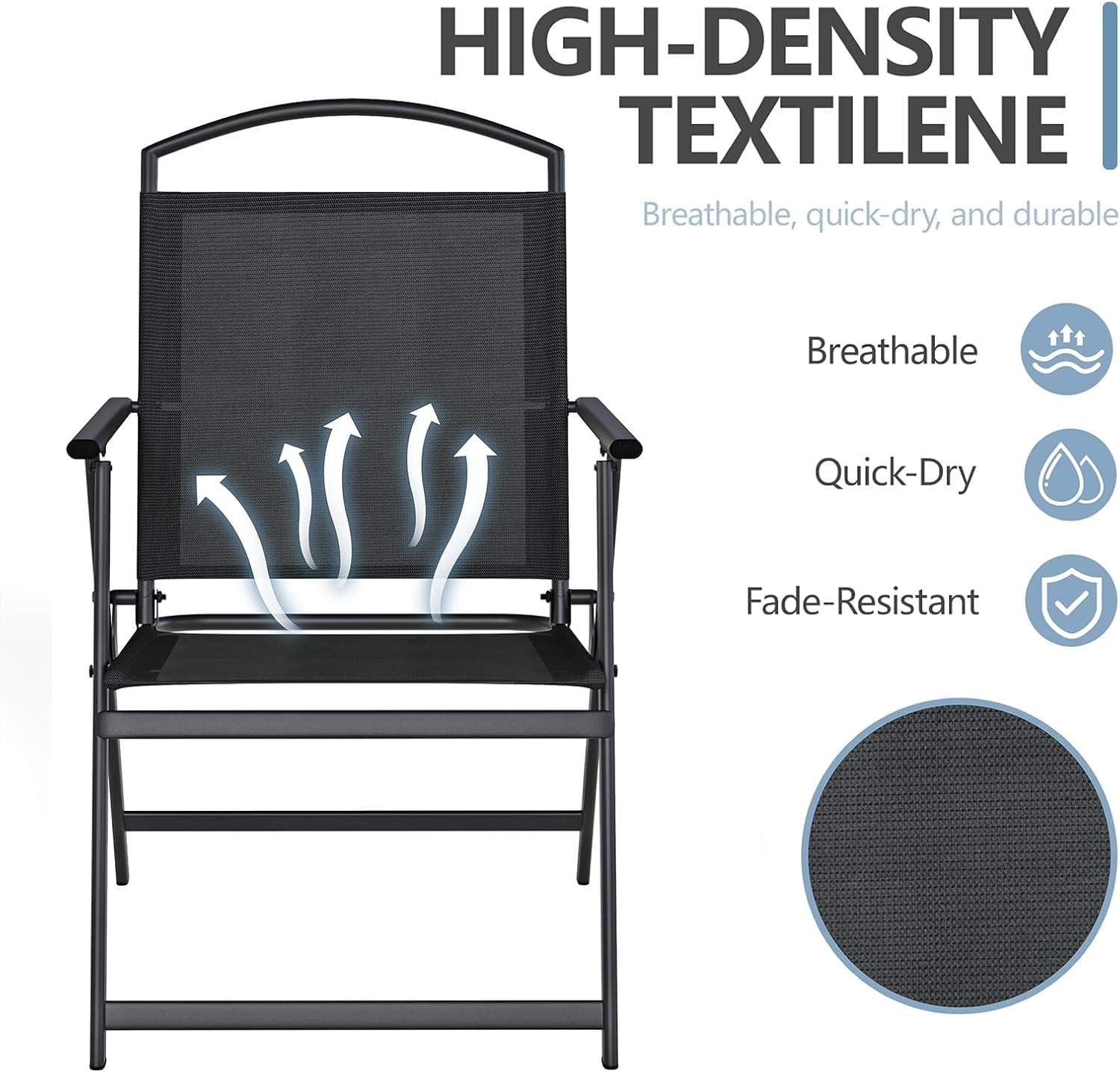 Folding Patio Chairs Set of 2, Outdoor Dining Chairs with Armrests, Breathable Textilene & Steel Frame for Lawn, Garden, Yard or Poolside - Black