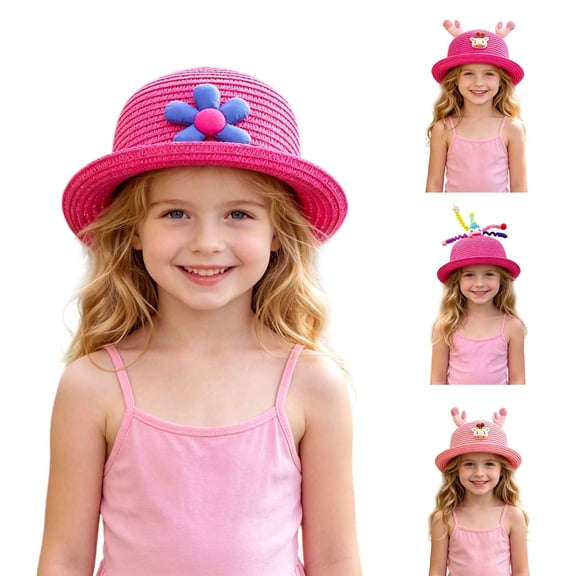 Lispipm Girls Straw Sun Hat Cartoon Antlers Vacation Caps Summer Bucket Hats Kids Outdoor Camping Cap with Foldable Short Brim Blue 1-4 Years