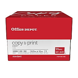 Office Depot Copy  Print Paper, 8 1/2in. x 11in., 20 Lb, Bright White, 500 Sheets Per Ream, Case Of 3 Reams,