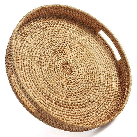 

Round Rattan Serving Tray Decorative Woven Ottoman Trays with Handles for Natural()