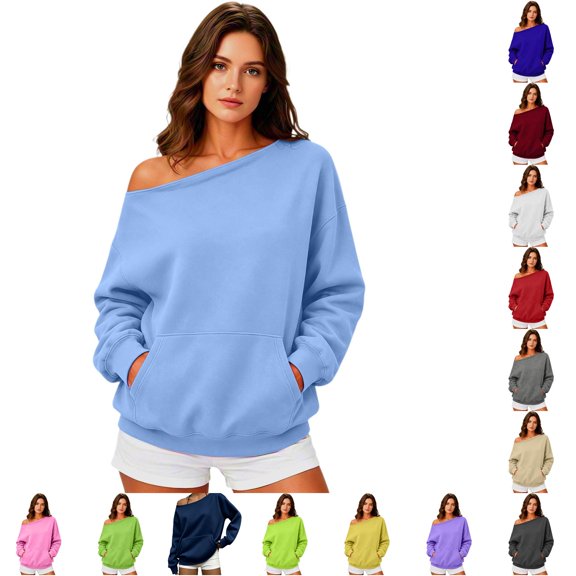 Womens Casual Crewneck Sweatshirt Long Sleeve Off Shoulder Top Loose Fit Cozy Fall Winter Pullover