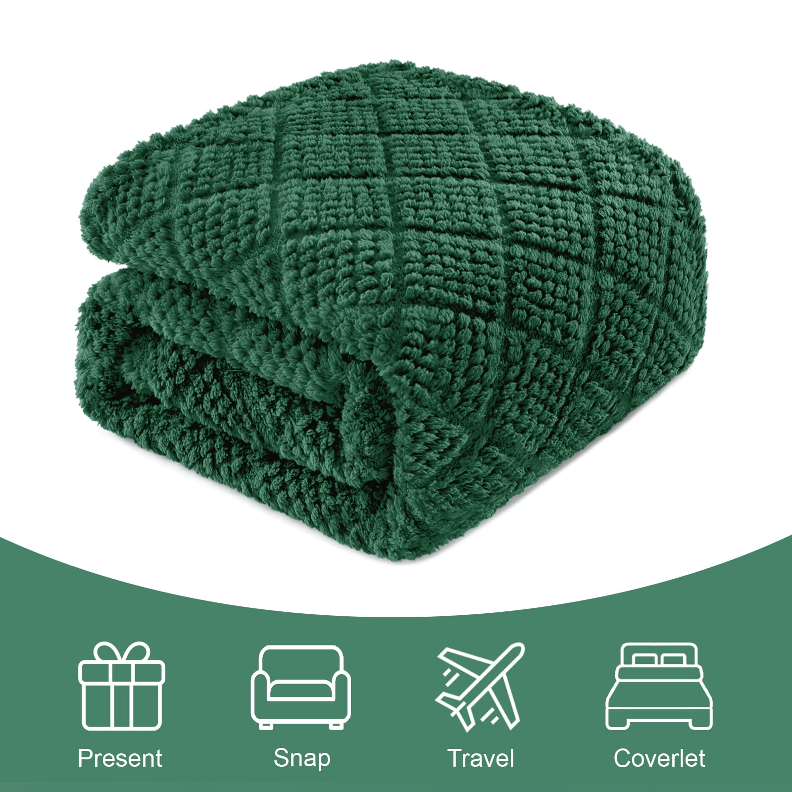 Whale Flotilla Fuzzy Fleece Queen Size Blanket for Bed, Soft Fluffy Jacquard Waffle Blankets for All Season, Lightweight and Warm, 90x90 Inch, Emerald Green