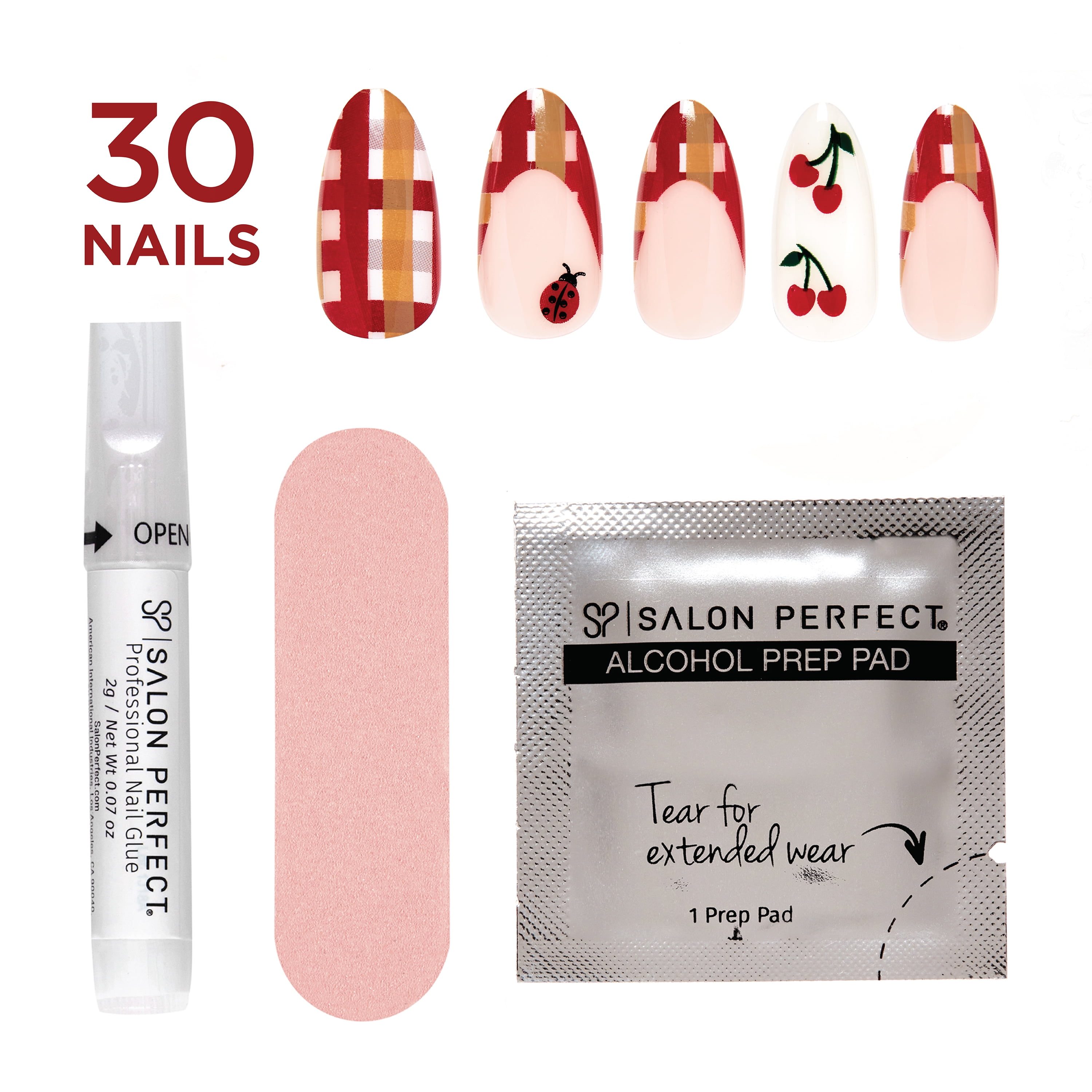 Salon Perfect Artificial Fake Press On Nails, 509 Modern Nostalgia, Gingham, Medium Almond, File, Glue and Prep Pad Included, 30 Nails
