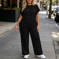 thumbnail image 6 of Ynynloco Women Plus Size 2 Piece Outfits Short Sleeve Pullover Top and Wide Straight Leg Pants Lounge Sets Tracksuit with Pockets, 6 of 8