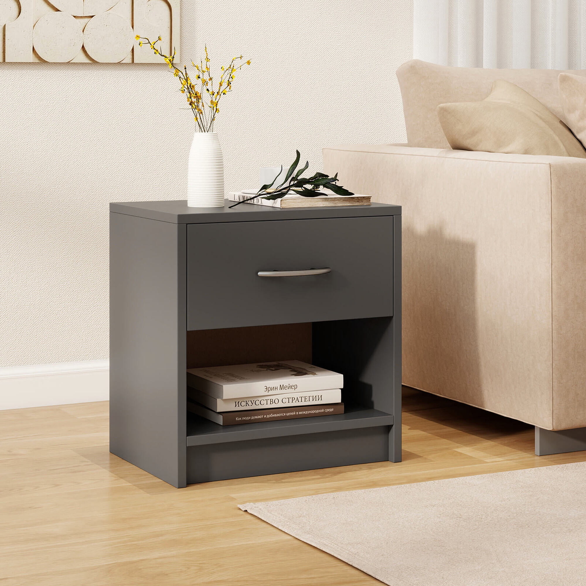 Costway Modern Nightstand Bedside Table with Drawer Open Storage Shelf for Small Spaces Dark Gray