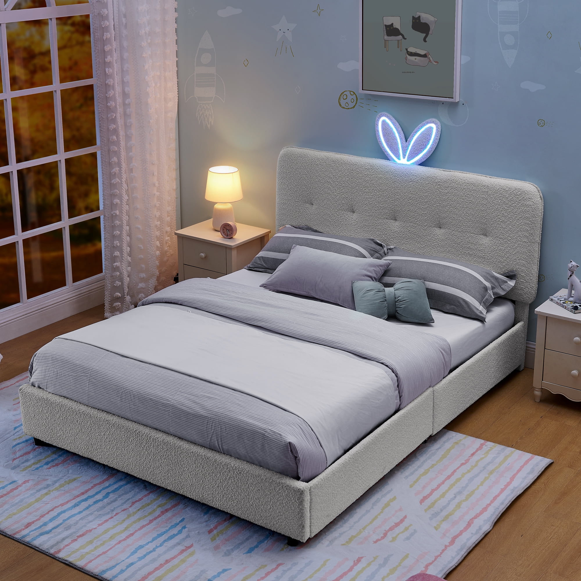 Mintazer Full Upholstered Kids Bed with Oversized Rabbit Ear Headboard, Boucle Fabric Platform Bed with LED Headboard & 4 Storage Drawers, Beige
