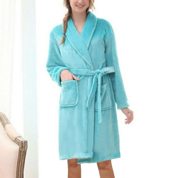Zhi Women's Long Sleeve Fleece Robe - Solid Color, Warm Fabric, Winter & Sleep Wear,Sky Blue
