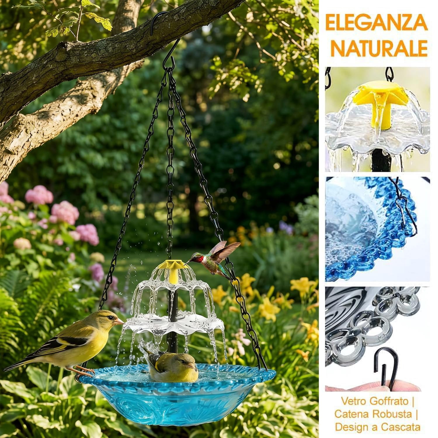 Solar Cascade Hanging Bird Bath Fountain, Creative Designs, Outdoor Decorations, Garden Gifts, Large Humming Birds Bath Fountain