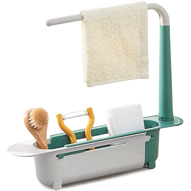 Estante telescópico de almacenamiento para fregadero, estante de drenaje para fregadero de longitud ajustable, soporte para esponja de jabón con colgador para paños de cocina, estante para secador de