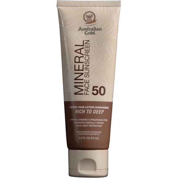 Australian Gold Mineral Tinted Face Lotion Rich to Deep - Non-Greasy, Hypoallergenic, Fragrance-Free, SPF 50, 2.5 fl. oz