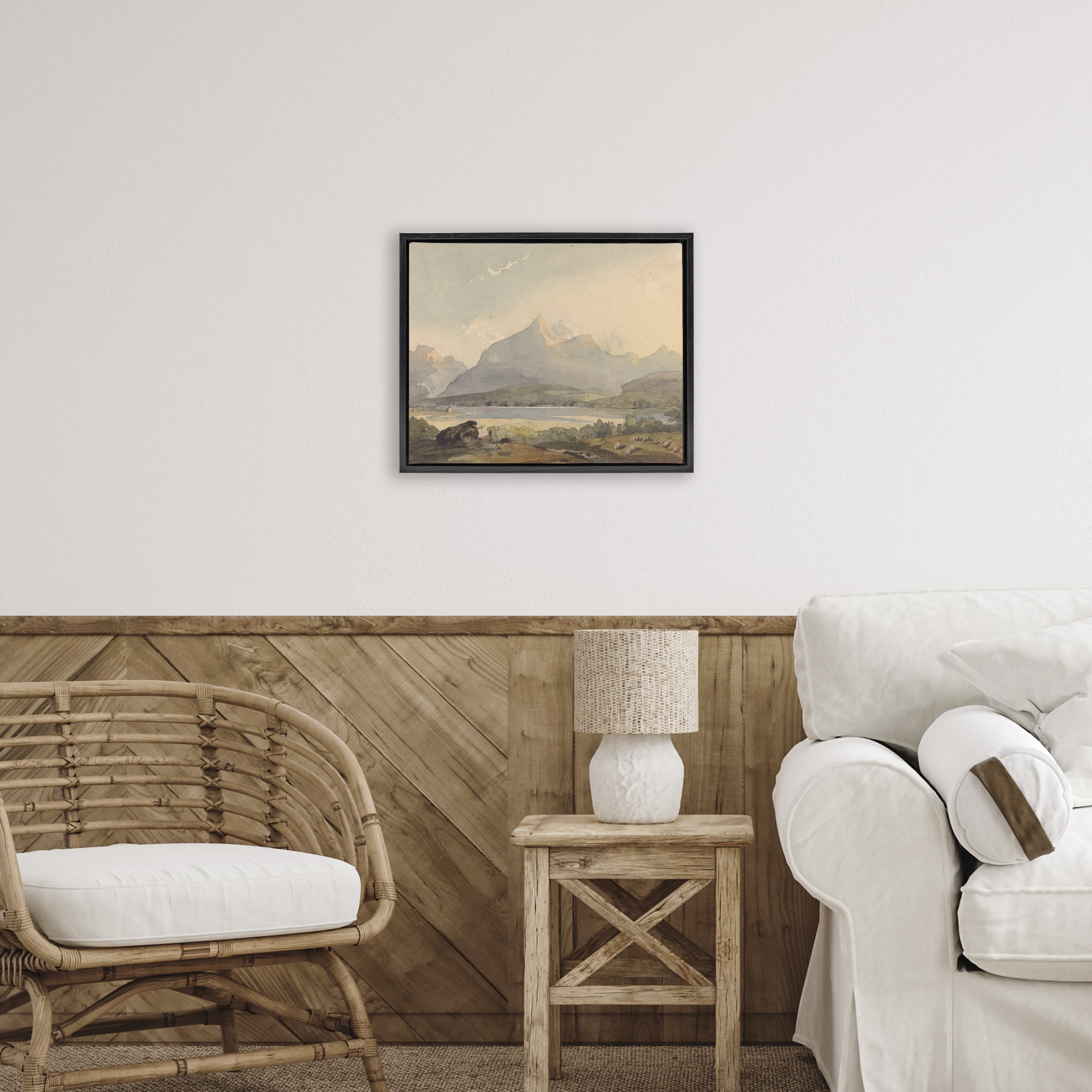 Peaceful Hazy Mountains Black Framed Floater Canvas Wall Art, design by Lettered and Lined