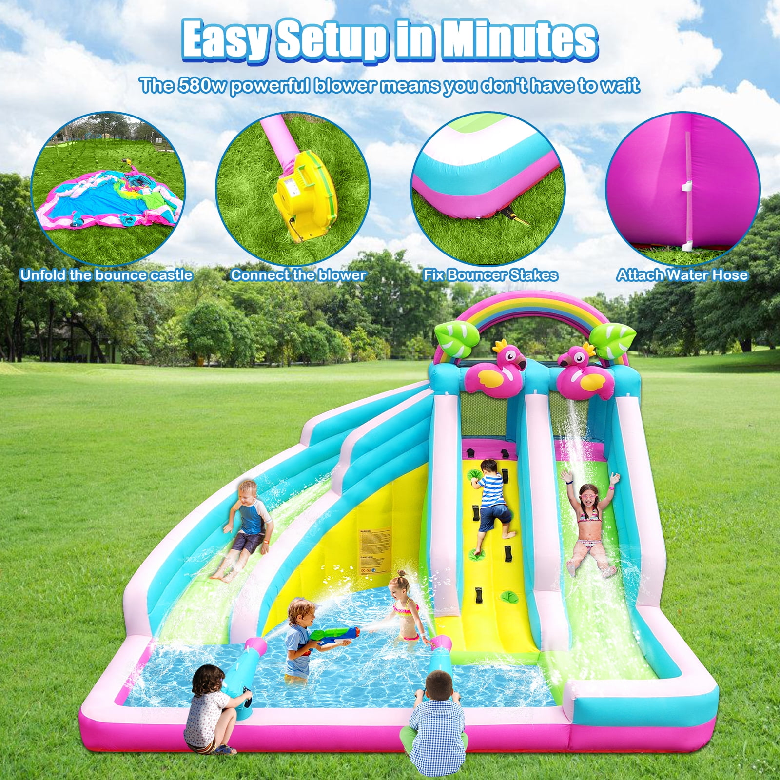 HEMOPOW 6-in-1 Inflatable Flamingo Water Park: Double Slides, Bounce & Splash Pool for Indoor/Outdoor Kids Ages 3-10