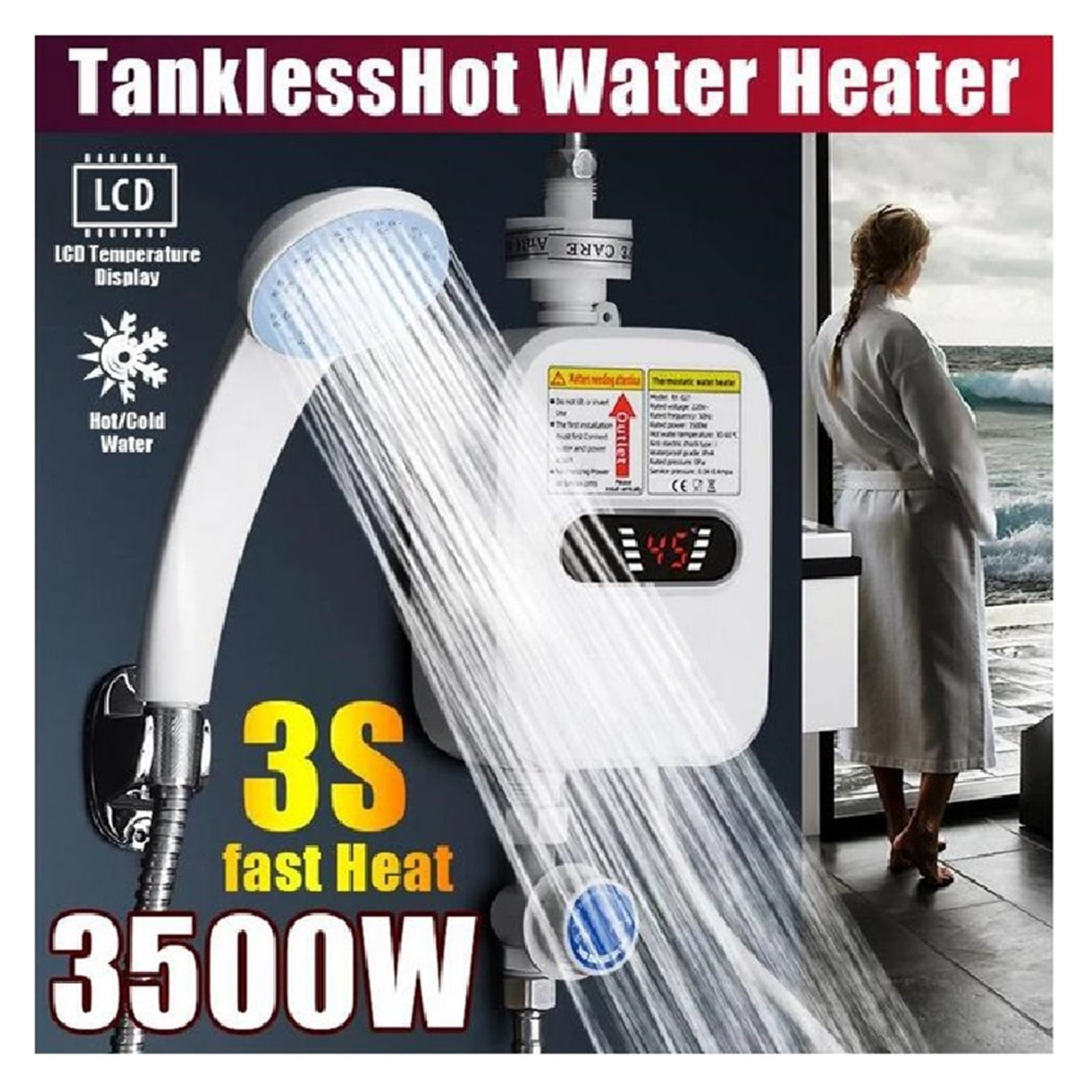 Home Appliance, Home,Mini Water Heater Hot Electric Tankless Household Bathroom Faucet With Shower Head LCD Temperature Display ,Compact Design