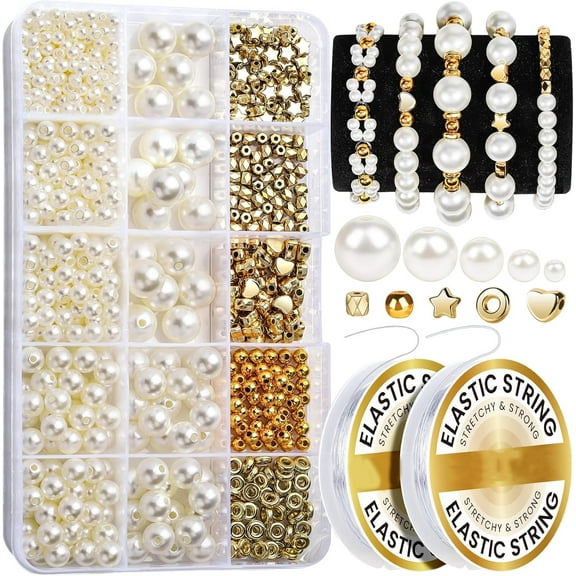 Emlimny Pearl Beads for Bracelets, 720PCS Bracelet Making Kit for Adult, Friendship Bracelet Kits, Bracelet Bead Kits, Small Pearl Beads and Gold Beads Beading Kit for Bracelets, Jewelry