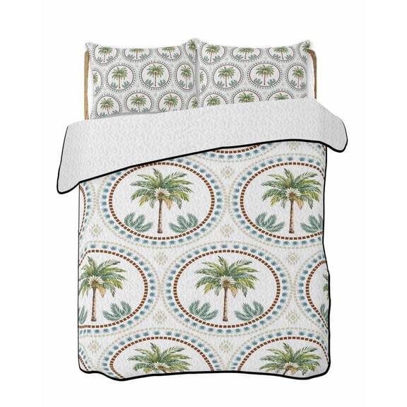 Twin XL Quilt Bedding Set, Palm Trees Reversible Summer Quilt 3 Pieces, Green Summer Botanical Watercolor Lightweight Bedspreads Coverlets with 2 Pillow Shams for All Seasons