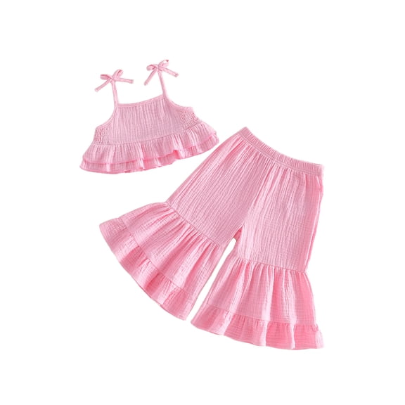 Loicainy Toddler Kids Girls Strappy Top Flare Pants Clothes Set 6 12 18 24 Months 2T 3T 4T 5T Tie-up Sleeveless Camisole with Pants Solid Summer Outfit