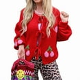 thumbnail image 2 of Womens Tie Front Cardigan Cute Cherry Open Front Y2k Sweater Oversized Chunky Knit Cardigan Tops Red L, 2 of 9