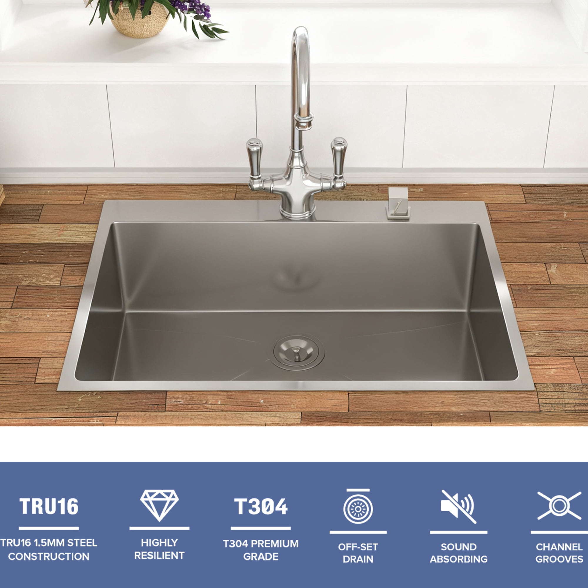 Acpouw 33 Inch Topmount Sink - 33" x 22" x 9" Drop in Stainless Steel Kitchen Sink 16 Gauge 9 Inch Deep Single Bowl Kitchen Sink Basin, Includes Drain Assembly (No Additional Accessories)