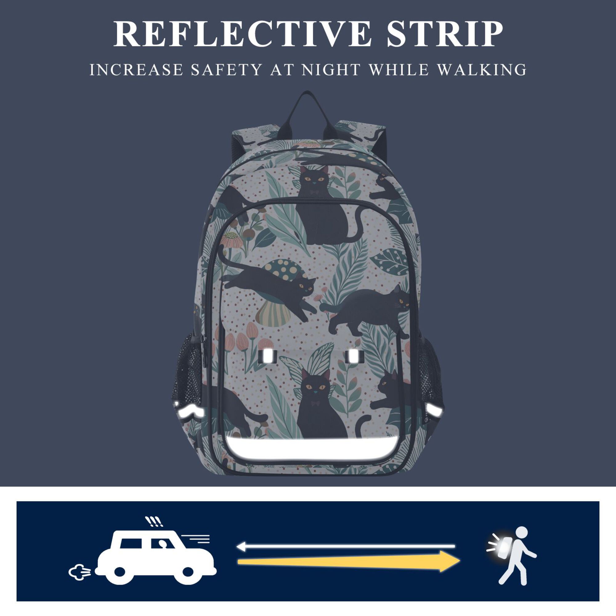 Mochila escolar unisex de 17", casual, para viajes, con bolsillos, estampado de gato negro 5