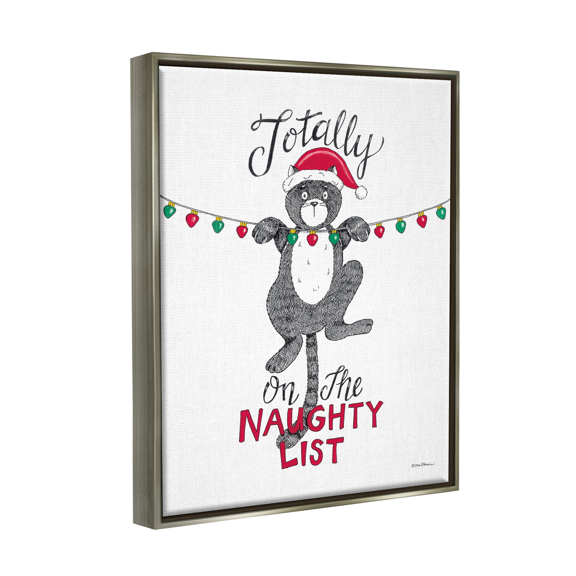 Stupell Industries Naughty List Cat Phrase Holiday Painting Gray Floater Framed Art Print Wall Art, 17 x 21