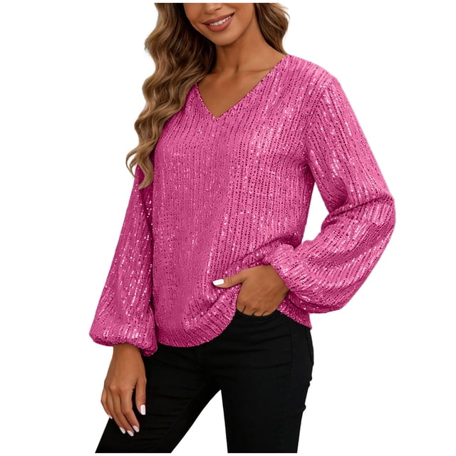 DXOUPM Women's Long Sleeve Shirts V Neck Sequined Shirt Work Clothes Versatile Daily Wear