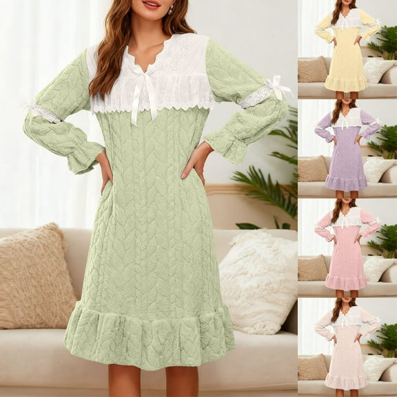 Miluxas Long Sleeve Nightgowns for Women Lace Fleece Thicken V Neck Nightshirts Winter Night Gown Yellow XL(XL)