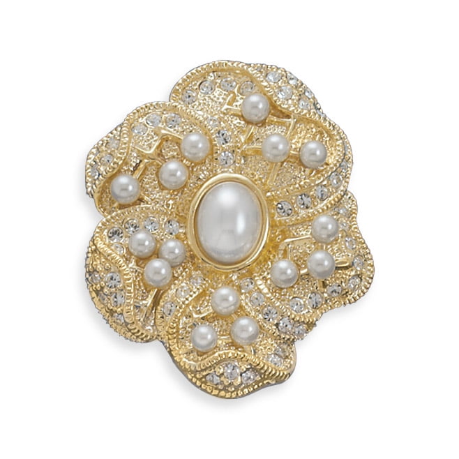 14 Karat Gold Plated Base Metal Floral Design Fashion Pin 3mm An 8mm X 10mm Oval Simulated Pearl by