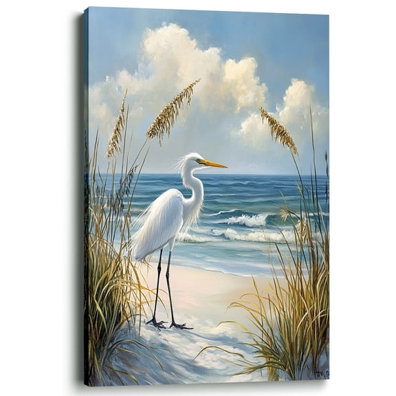 Wallume Store Coastal Egret Beach Scene Canvas Wall Art Living Room Bathroom Decor 12x8 Inch
