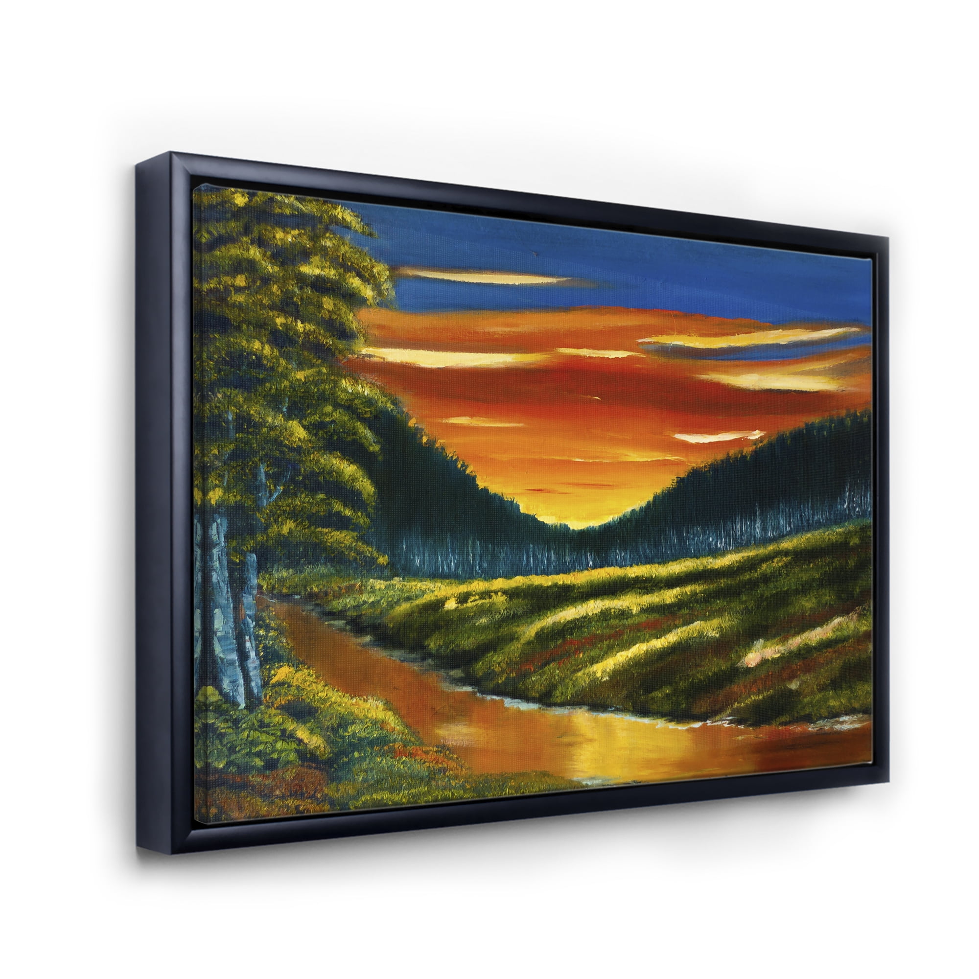 Designart 'Warm Coloured Sunset Glow Above The Lotus Swamp' Traditional Framed Canvas Wall Art Print